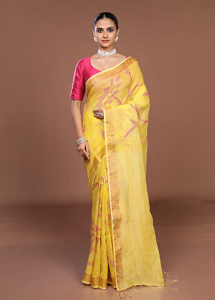 Yellow Handloom Matka Pure Silk Saree With Blouse Piece - Image 2