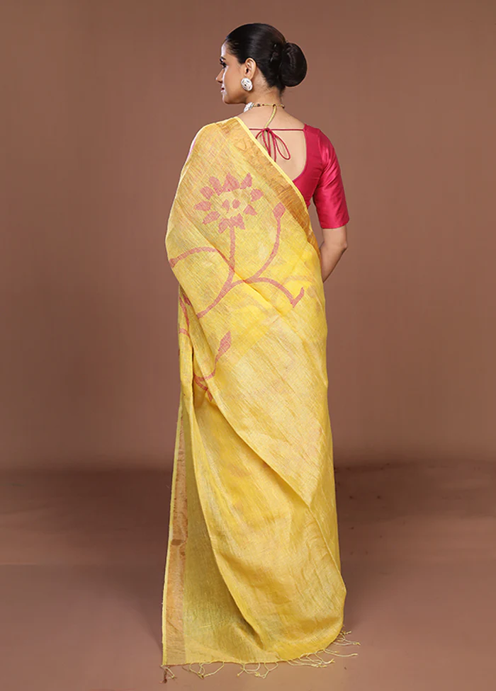 Yellow Handloom Matka Pure Silk Saree With Blouse Piece - Image 3
