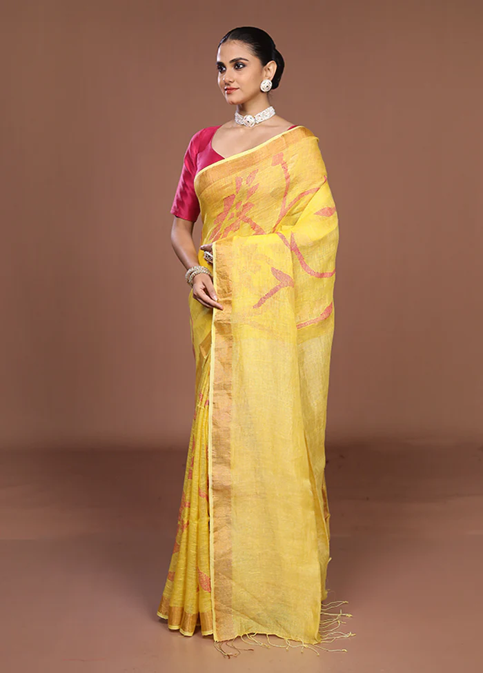 Yellow Handloom Matka Pure Silk Saree With Blouse Piece - Image 4