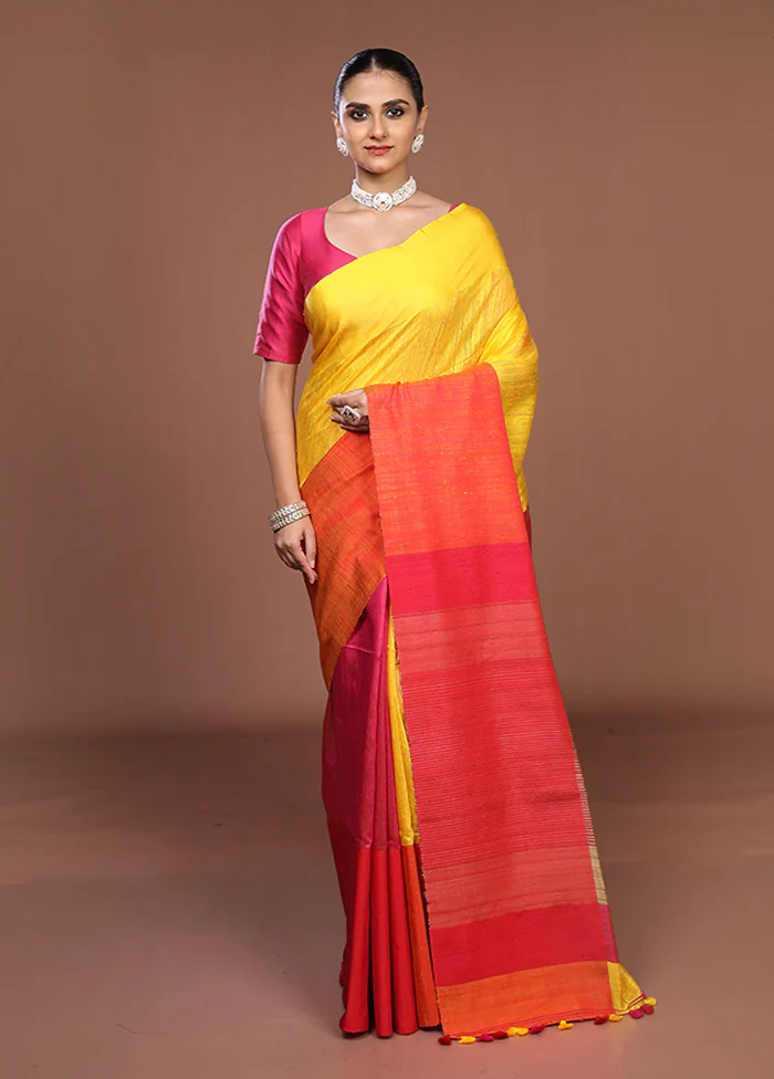 Yellow Handloom Matka Pure Silk Saree With Blouse Piece - Image 2