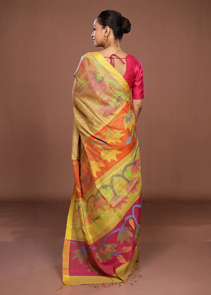 Yellow Handloom Matka Pure Silk Saree With Blouse Piece - Image 3