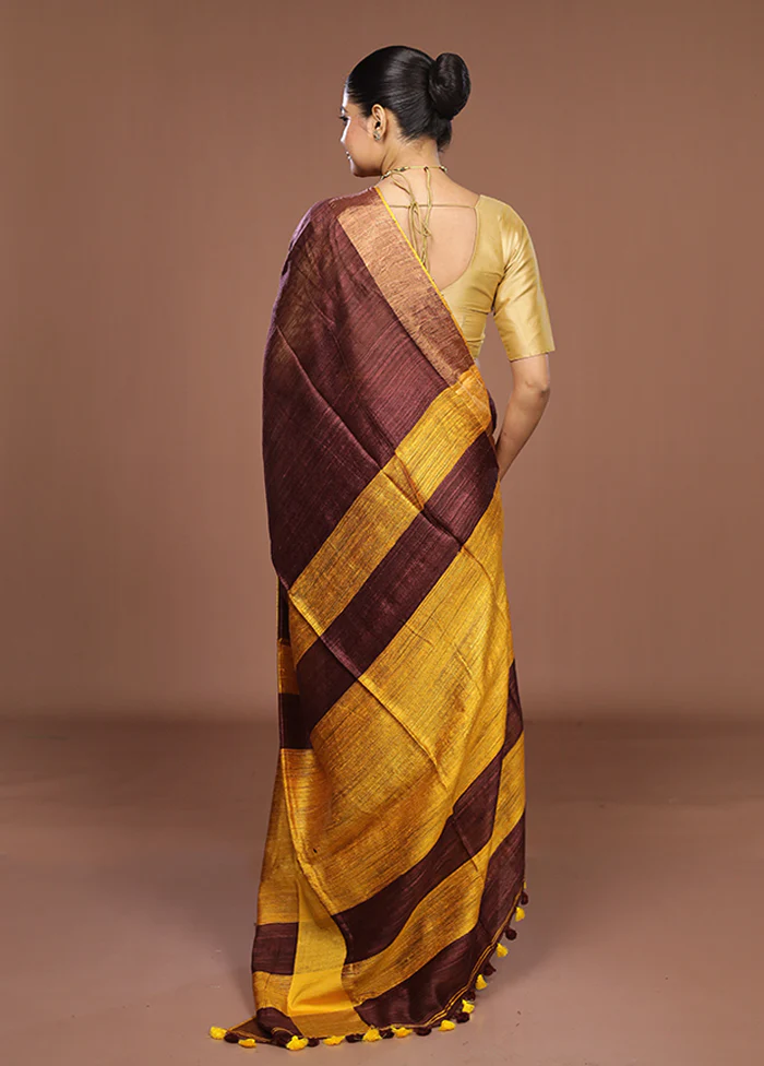 Yellow Handloom Matka Pure Silk Saree With Blouse Piece - Image 3