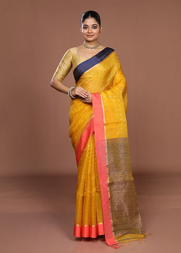 Yellow Handloom Matka Pure Silk Saree With Blouse Piece - Image 2