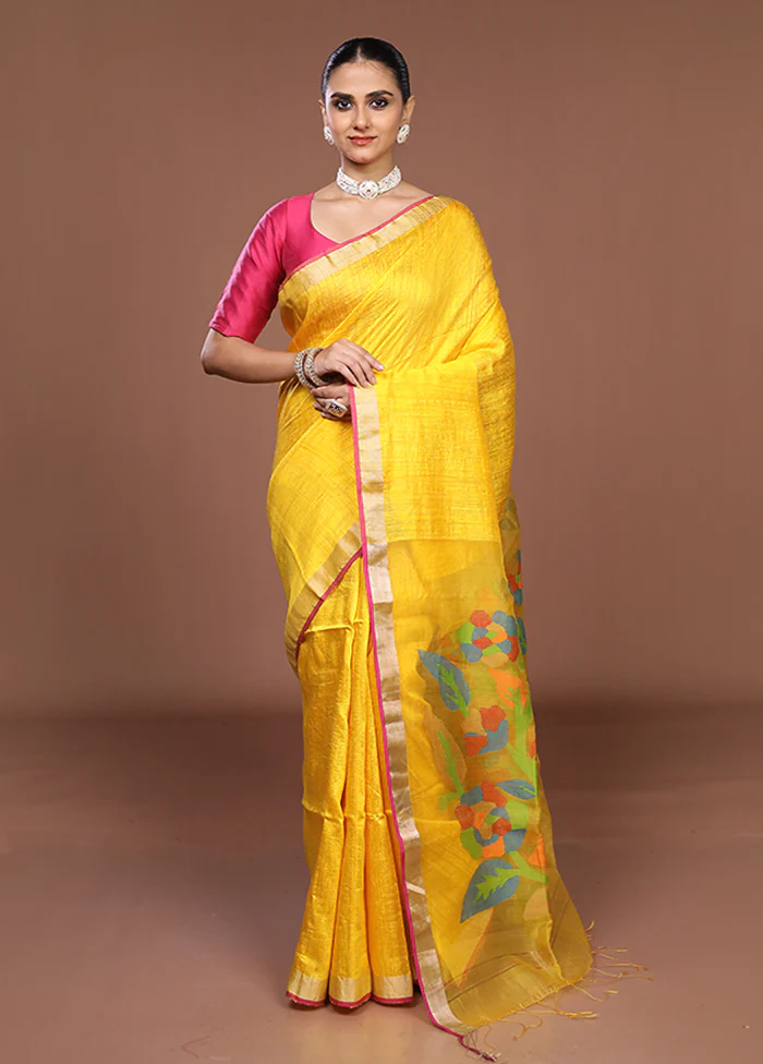 Yellow Handloom Matka Pure Silk Saree With Blouse Piece - Image 2