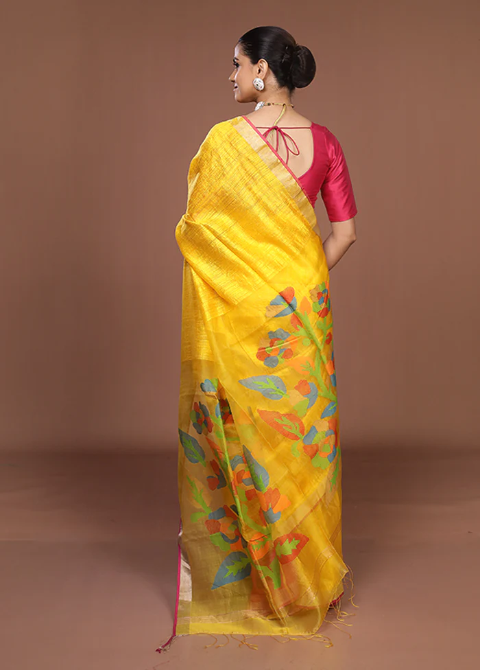 Yellow Handloom Matka Pure Silk Saree With Blouse Piece - Image 3