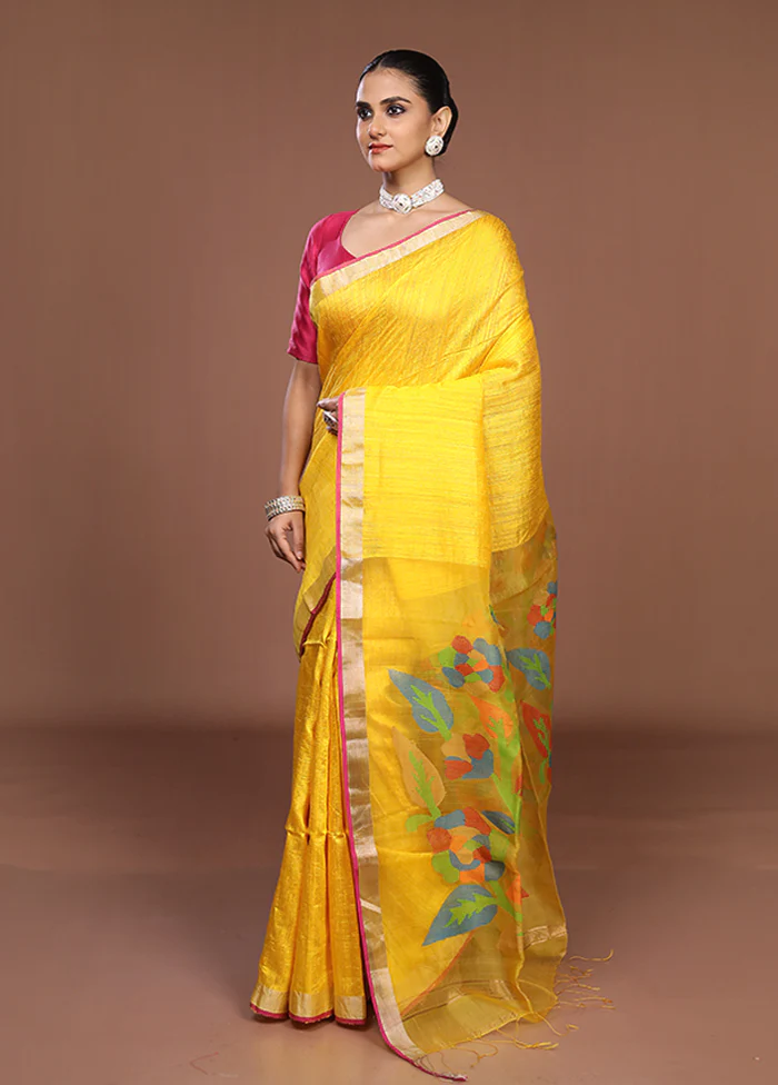 Yellow Handloom Matka Pure Silk Saree With Blouse Piece - Image 4
