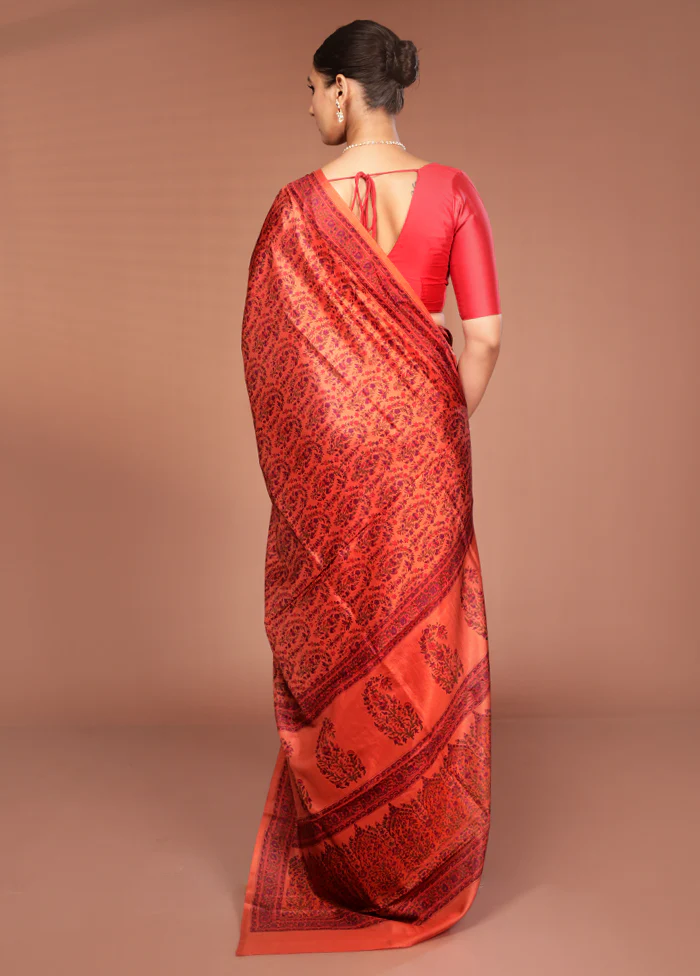 Orange Handloom Printed Pure Silk Saree Without Blouse Piece - Image 3