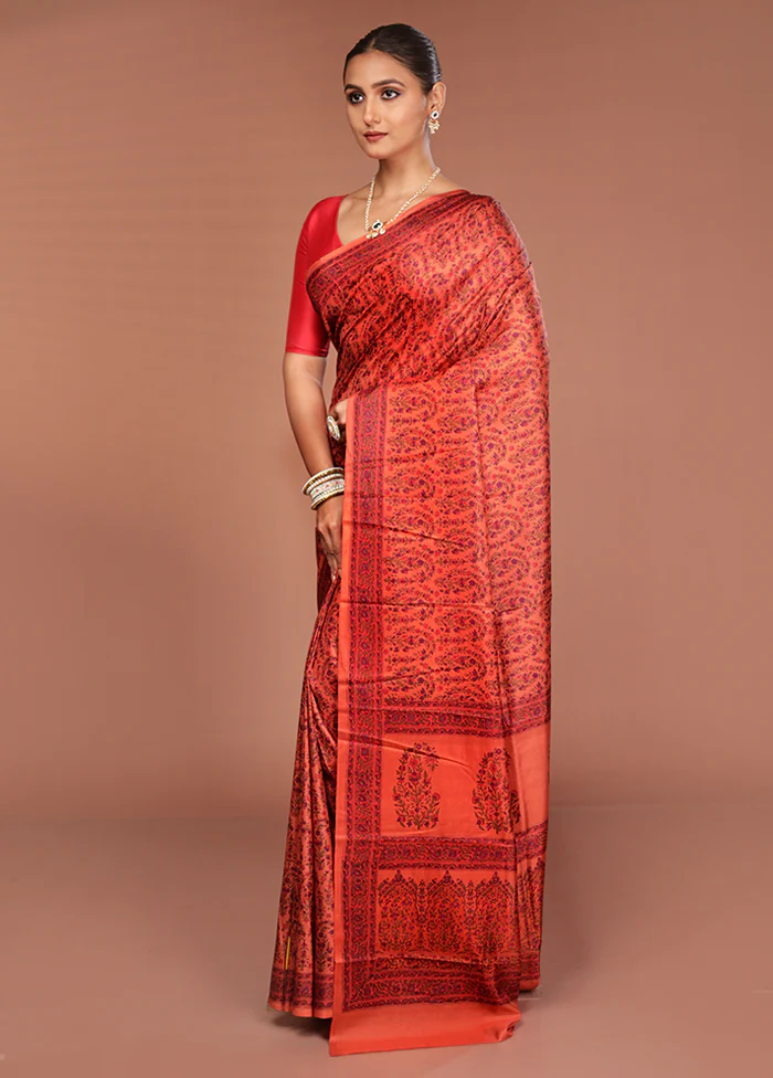 Orange Handloom Printed Pure Silk Saree Without Blouse Piece - Image 4