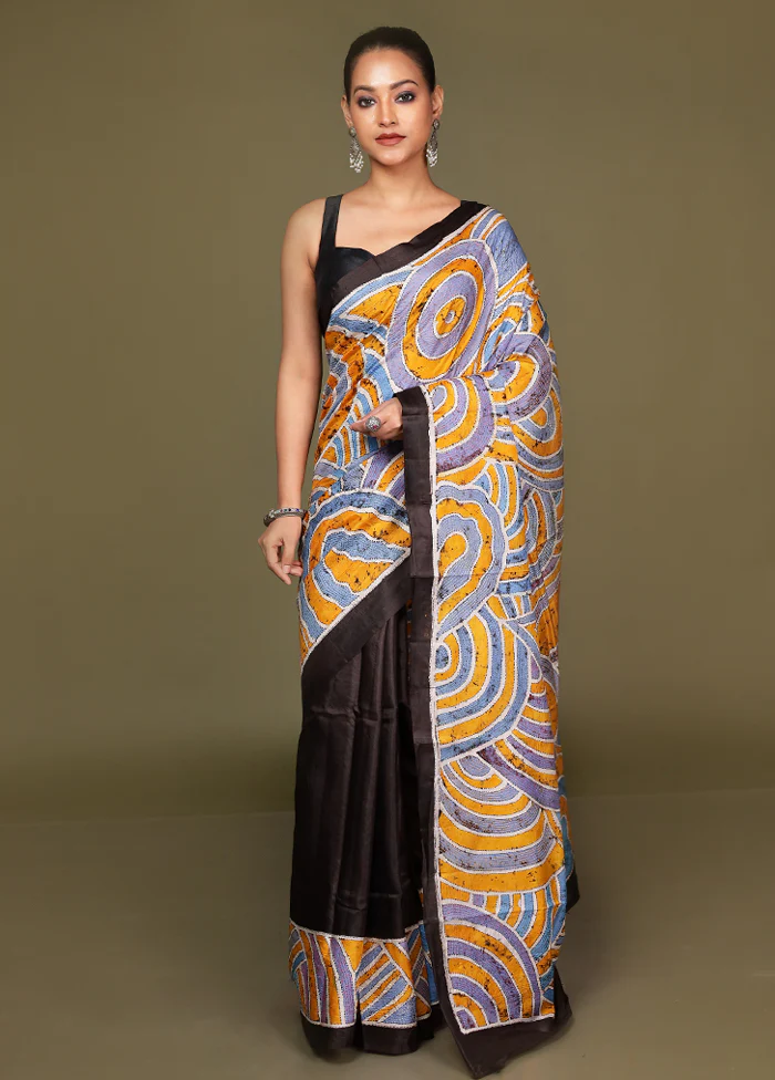 Yellow Handloom Printed Pure Silk Saree Without Blouse Piece - Image 2