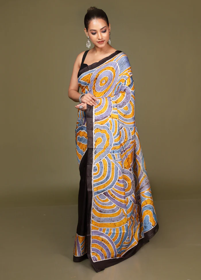 Yellow Handloom Printed Pure Silk Saree Without Blouse Piece - Image 4