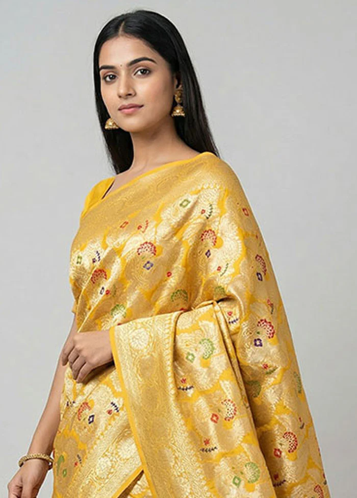 Yellow Handloom Pure Georgette Saree With Blouse Piece - Image 2
