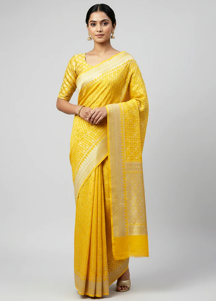 Yellow Handloom Pure Khaddi Georgette Saree With Blouse Piece