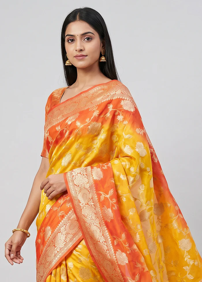 Yellow Handloom Pure Georgette Saree With Blouse Piece - Image 2