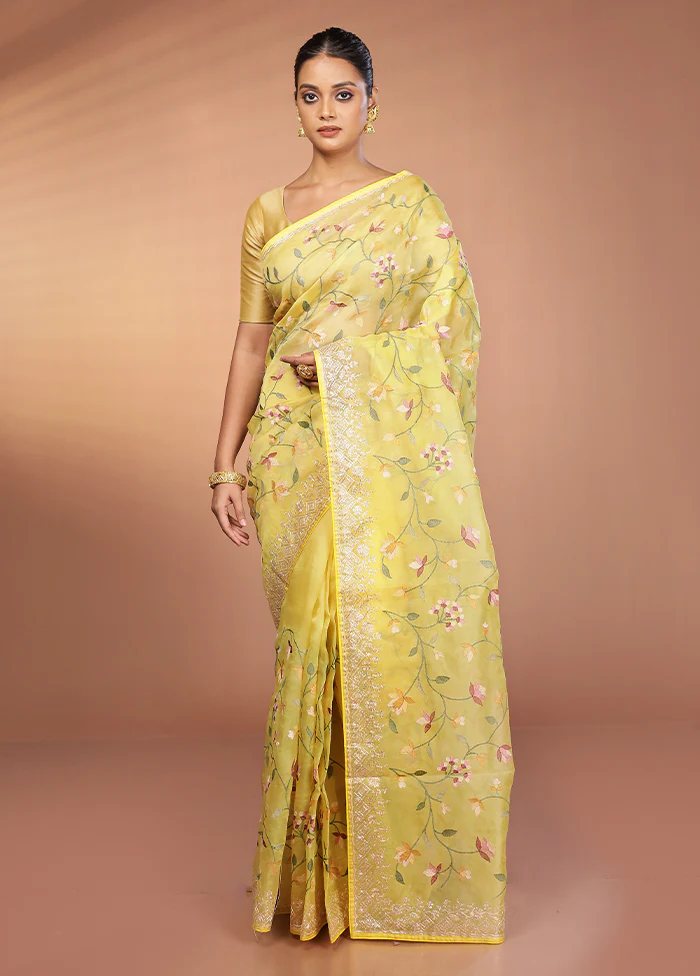 Yellow Handloom Pure Organza Saree With Blouse Piece - Image 2