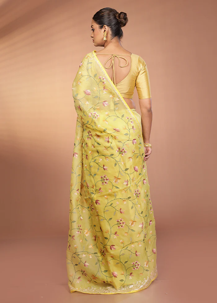 Yellow Handloom Pure Organza Saree With Blouse Piece - Image 3