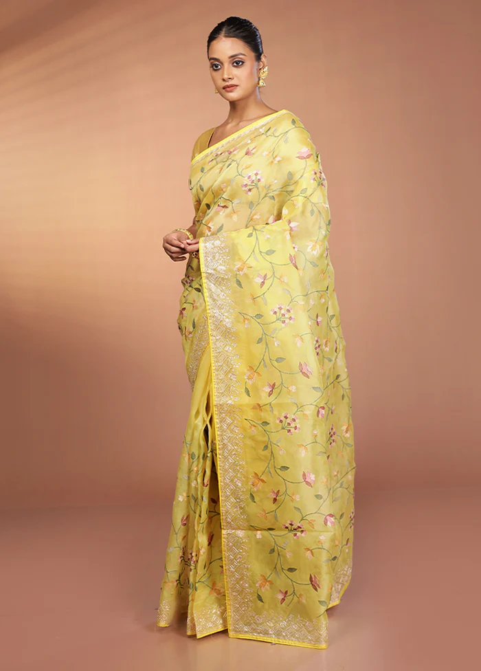 Yellow Handloom Pure Organza Saree With Blouse Piece - Image 4