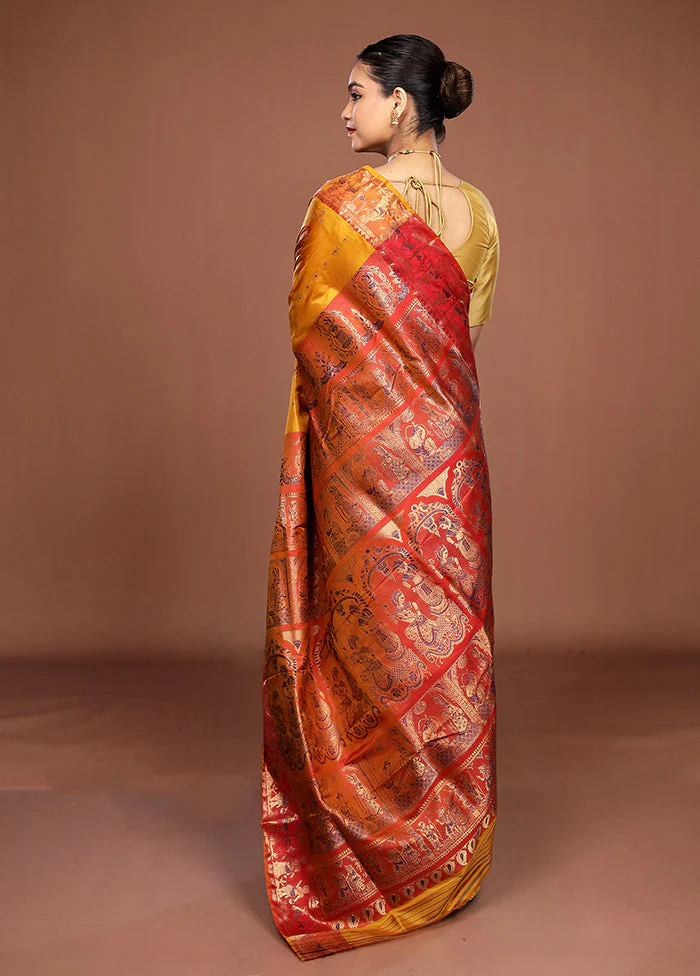 Yellow Handloom Swarnachuri Pure Silk Saree With Blouse Piece - Image 3