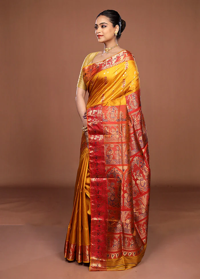 Yellow Handloom Swarnachuri Pure Silk Saree With Blouse Piece - Image 4