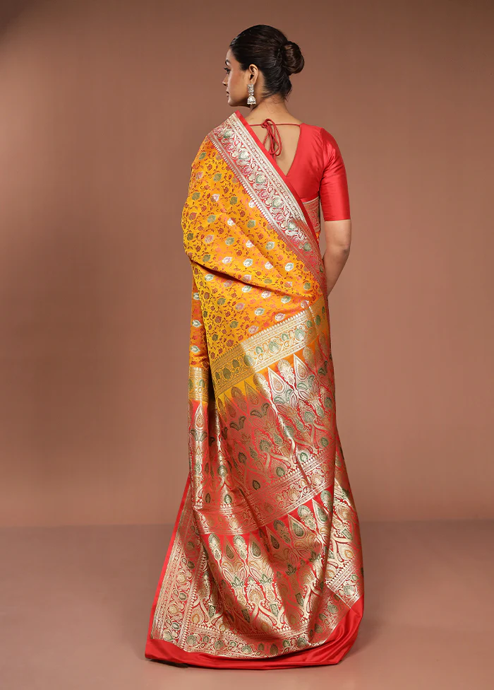 Yellow Handloom Tanchoi Pure Silk Saree With Blouse Piece - Image 3