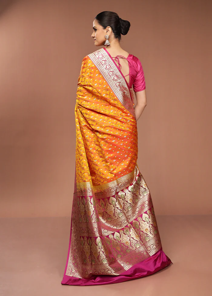 Yellow Handloom Tanchoi Pure Silk Saree With Blouse Piece - Image 3