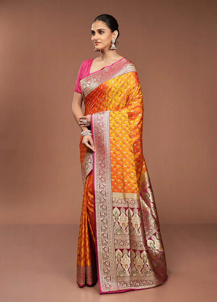 Yellow Handloom Tanchoi Pure Silk Saree With Blouse Piece - Image 4