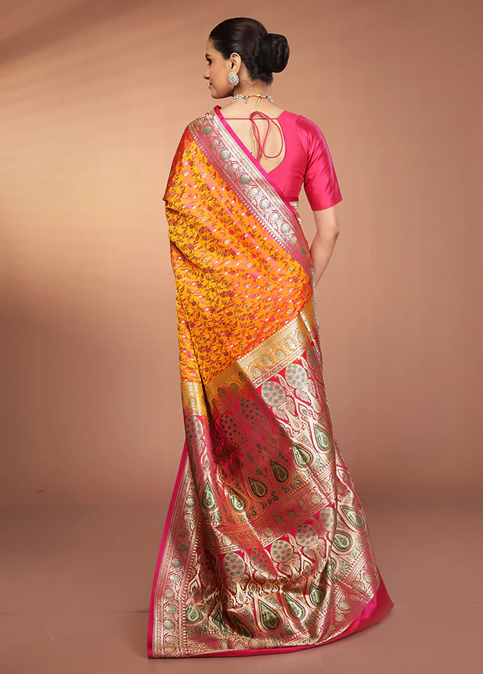 Yellow Handloom Tanchoi Pure Silk Saree With Blouse Piece - Image 3