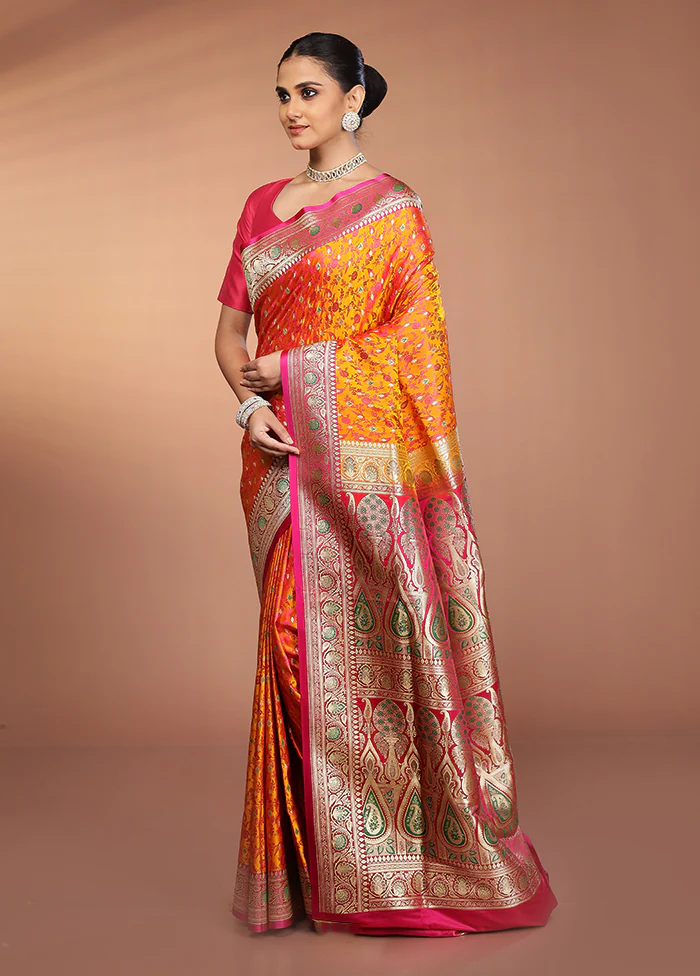 Yellow Handloom Tanchoi Pure Silk Saree With Blouse Piece - Image 4