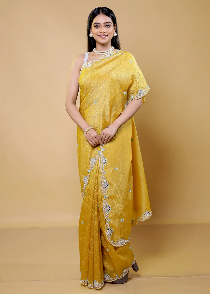 Yellow Handloom Tissue Pure Silk Saree With Blouse Piece - Image 2