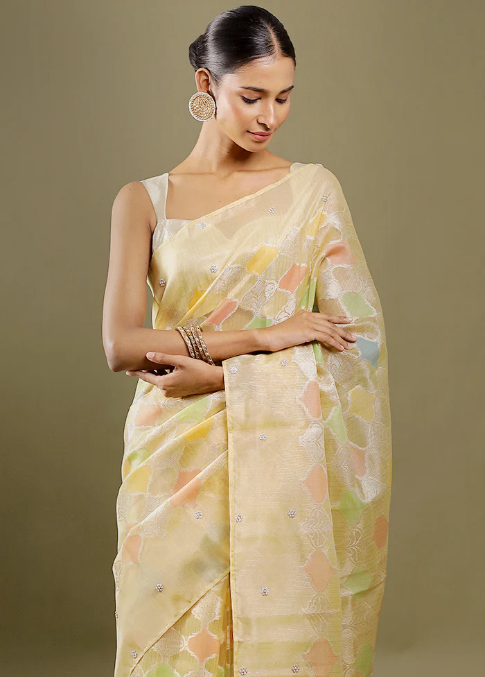 Yellow Handloom Tissue Pure Silk Saree With Blouse Piece - Image 2