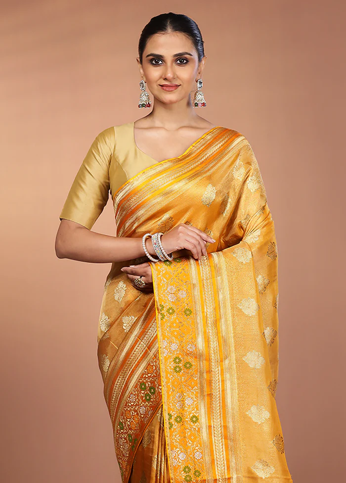 Yellow Handloom Tissue Pure Silk Saree With Blouse Piece