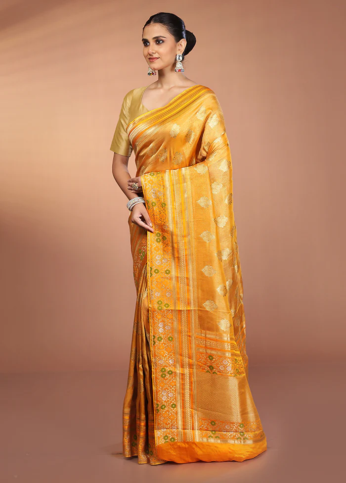 Yellow Handloom Tissue Pure Silk Saree With Blouse Piece - Image 4
