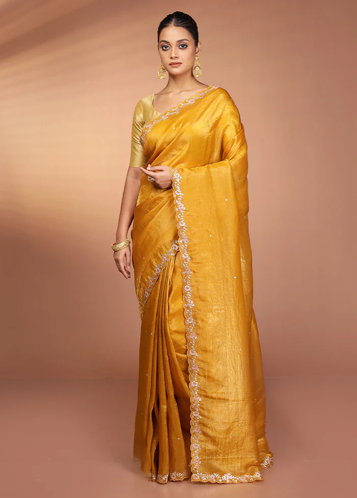 Yellow Handloom Tissue Pure Silk Saree With Blouse Piece - Image 2