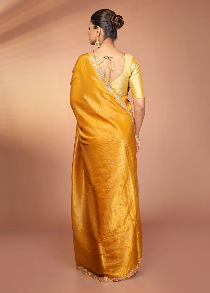 Yellow Handloom Tissue Pure Silk Saree With Blouse Piece - Image 3