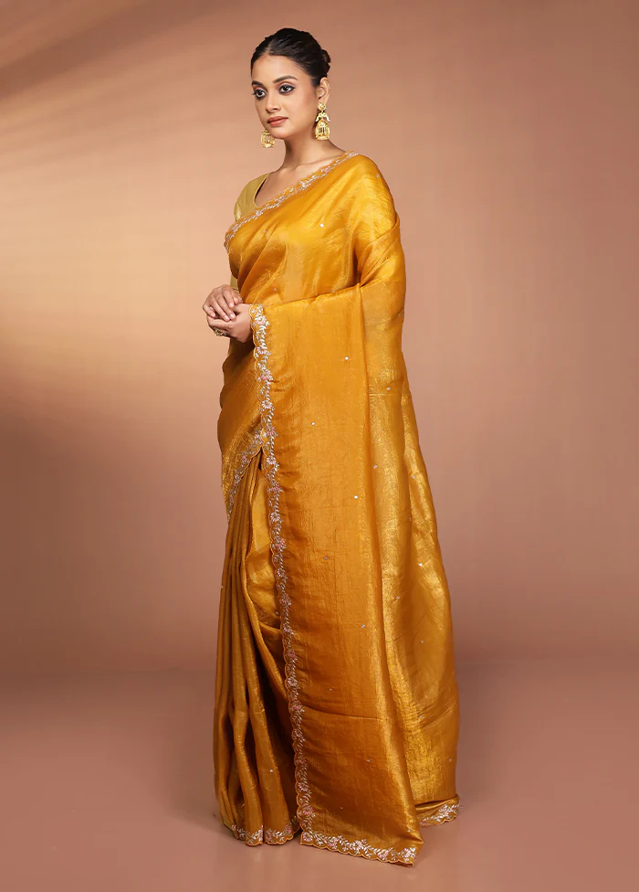 Yellow Handloom Tissue Pure Silk Saree With Blouse Piece - Image 4