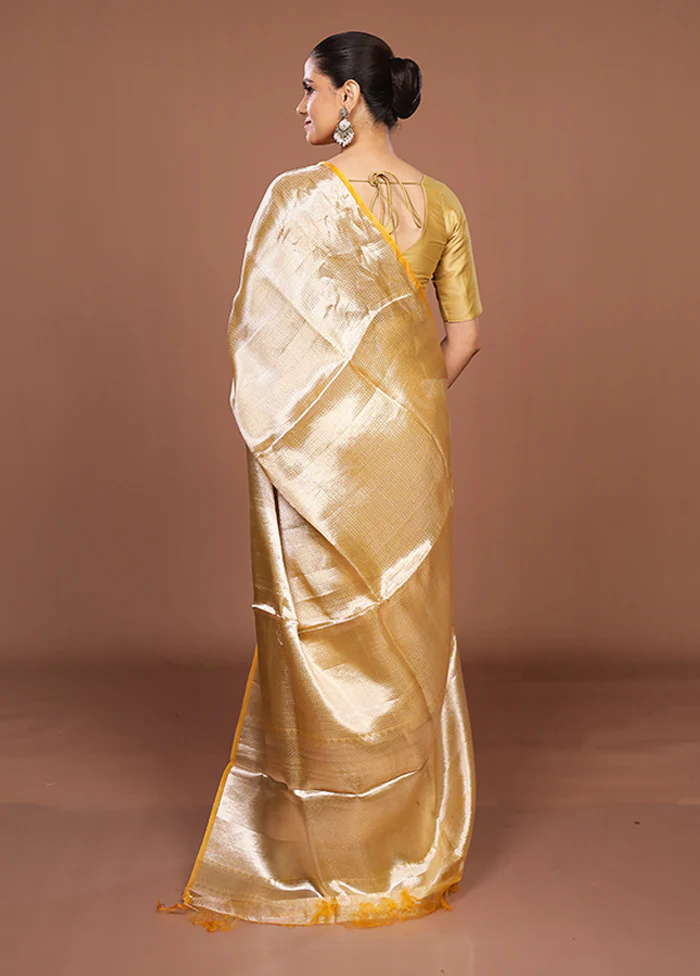 Yellow Handloom Tissue Pure Silk Saree With Blouse Piece - Image 3