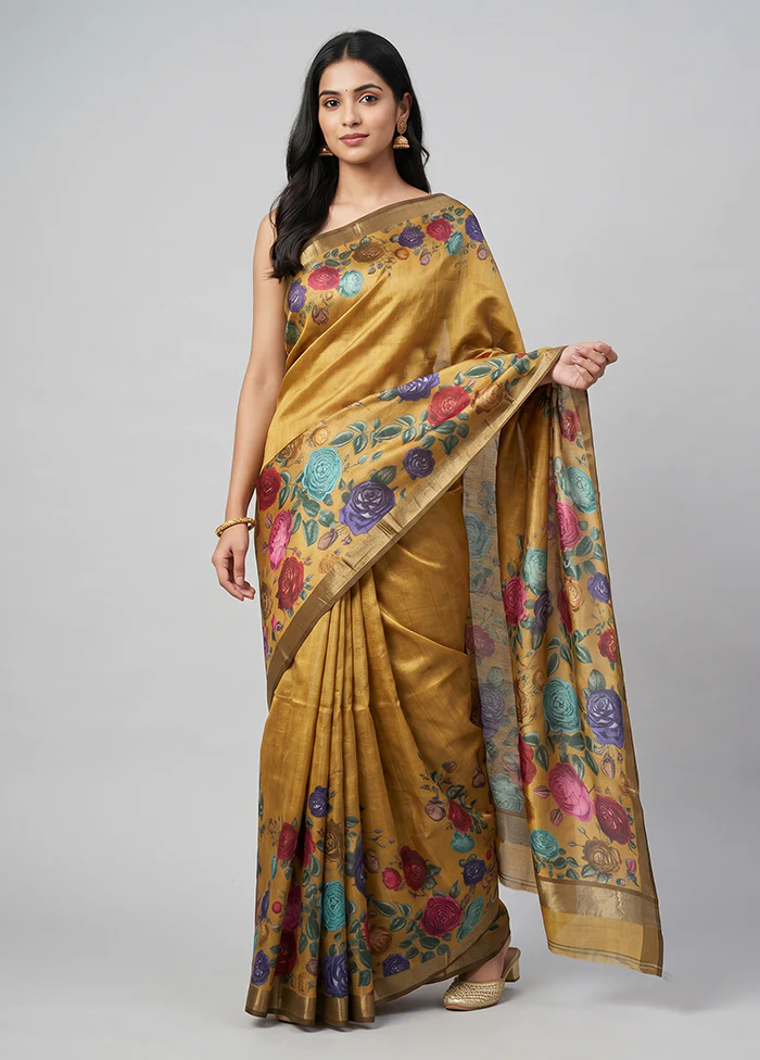 Yellow Handloom Tussar Pure Silk Saree With Blouse Piece