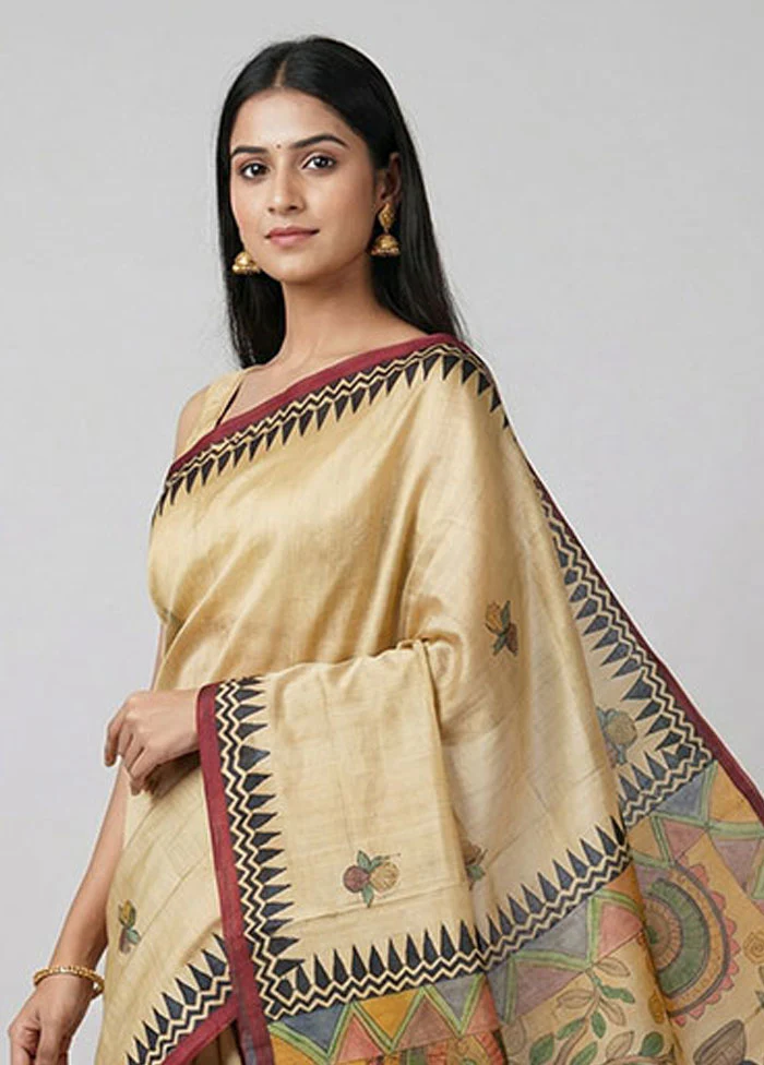 Yellow Handloom Tussar Pure Silk Saree With Blouse Piece - Image 2