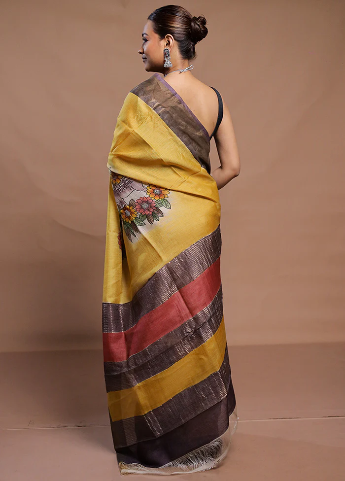 Yellow Handloom Tussar Pure Silk Saree With Blouse Piece - Image 3