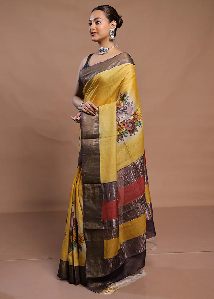 Yellow Handloom Tussar Pure Silk Saree With Blouse Piece - Image 4