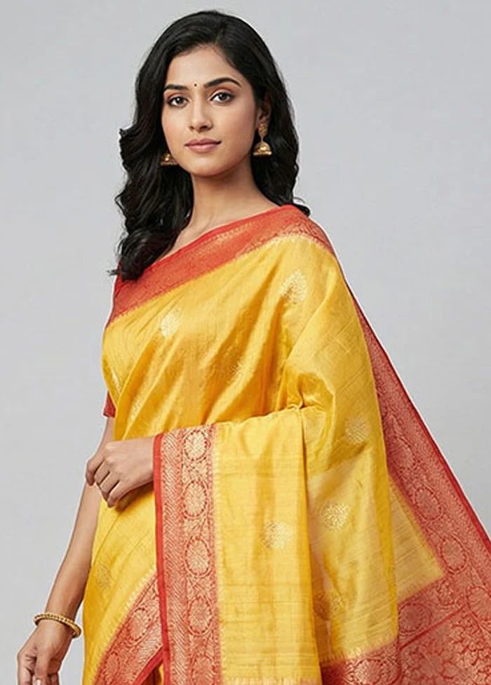Yellow Handloom Tussar Pure Silk Saree With Blouse Piece - Image 2