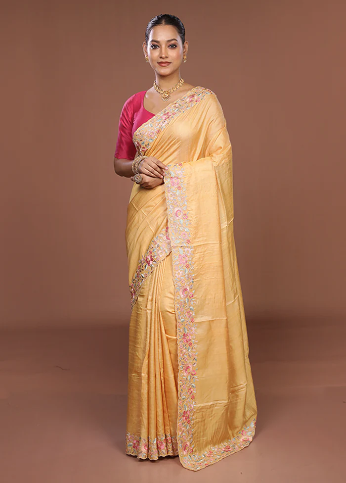 Yellow Handloom Tussar Pure Silk Saree With Blouse Piece - Image 2