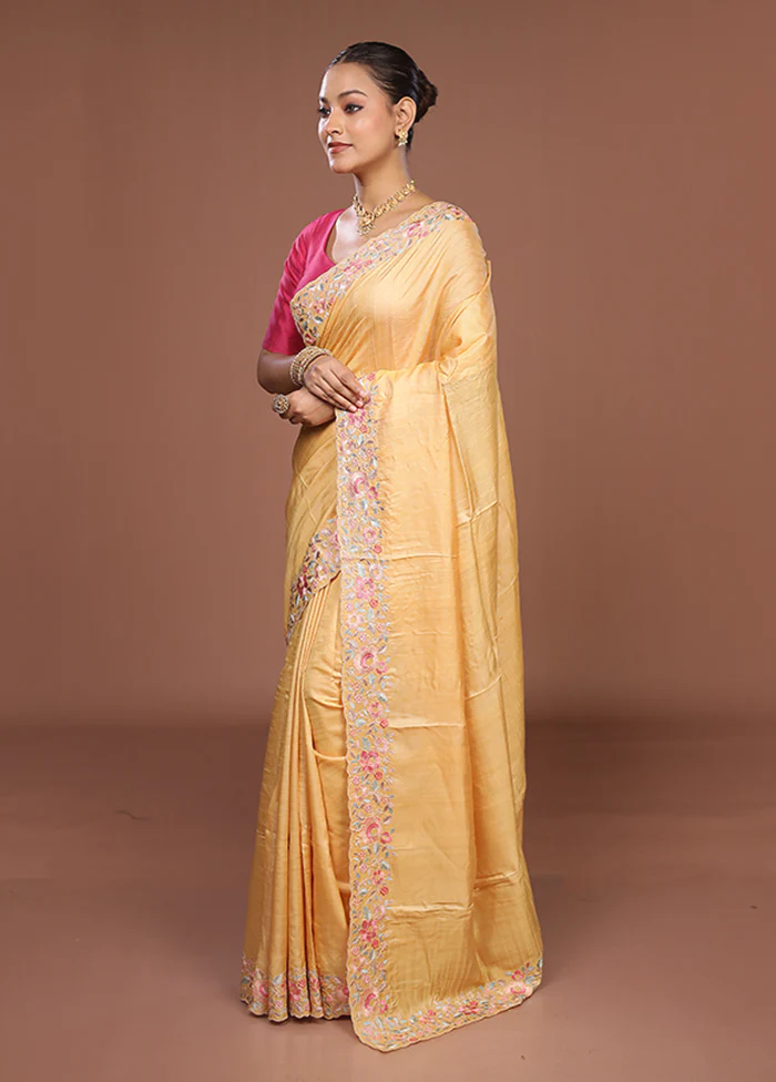 Yellow Handloom Tussar Pure Silk Saree With Blouse Piece - Image 4