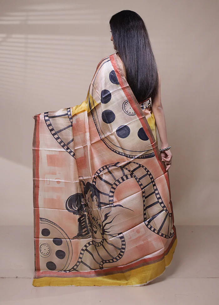 Yellow Handloom Tussar Pure Silk Saree With Blouse Piece - Image 3