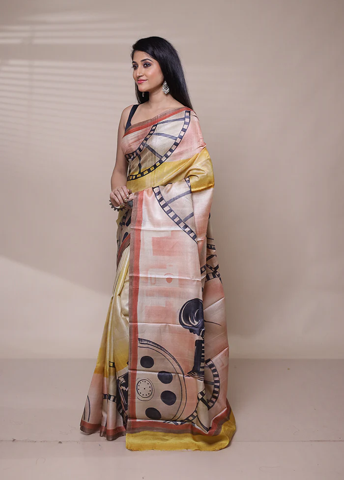 Yellow Handloom Tussar Pure Silk Saree With Blouse Piece - Image 4
