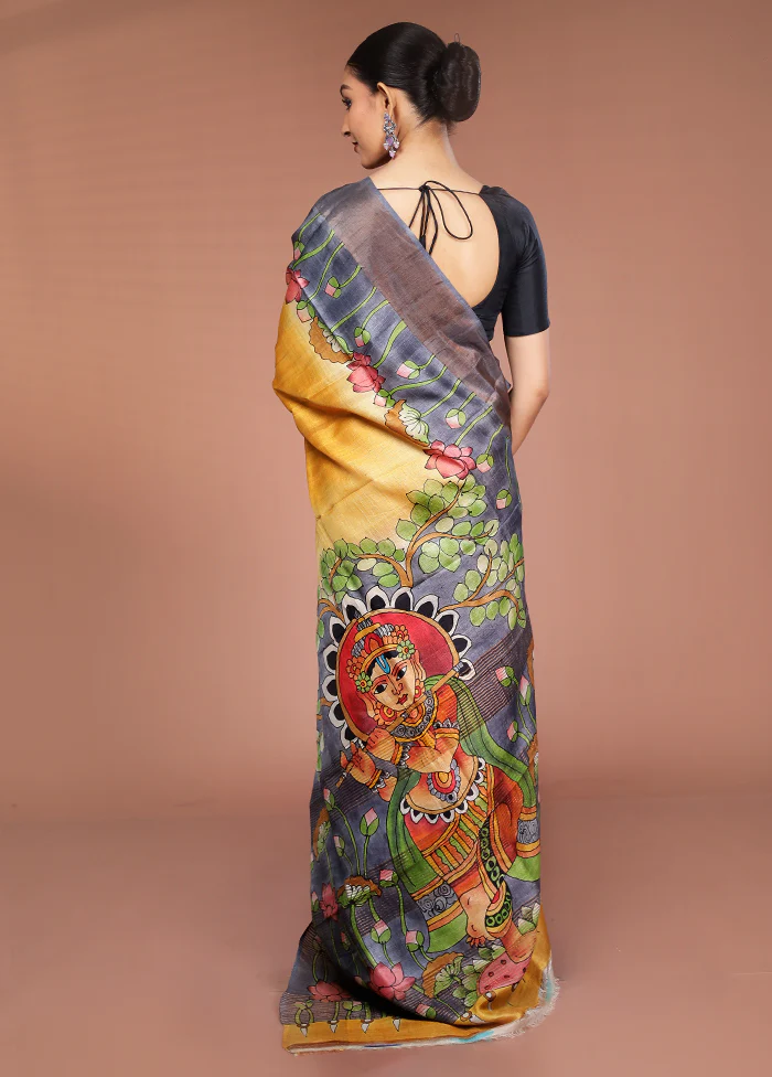 Yellow Handloom Tussar Pure Silk Saree With Blouse Piece - Image 3