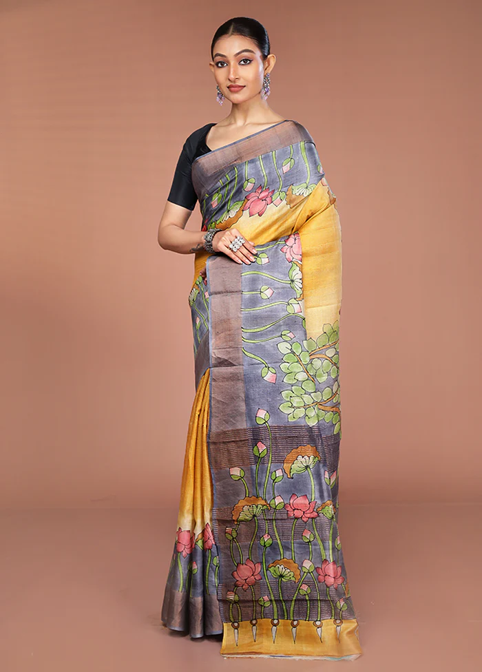 Yellow Handloom Tussar Pure Silk Saree With Blouse Piece - Image 4
