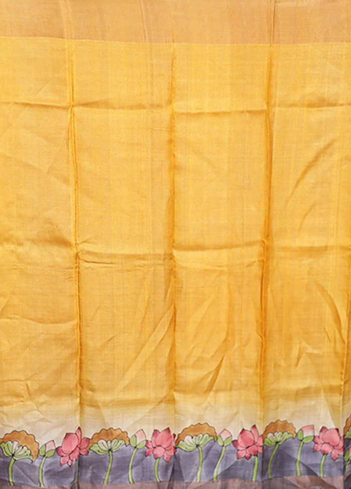 Yellow Handloom Tussar Pure Silk Saree With Blouse Piece - Image 5