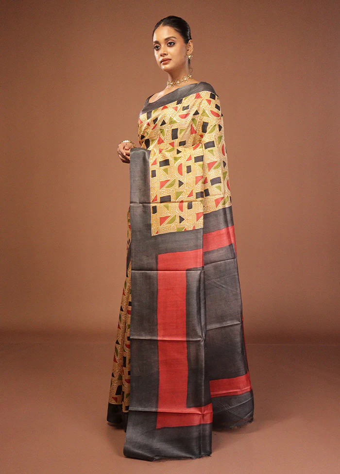 Yellow Handloom Tussar Silk Saree With Blouse Piece - Image 4