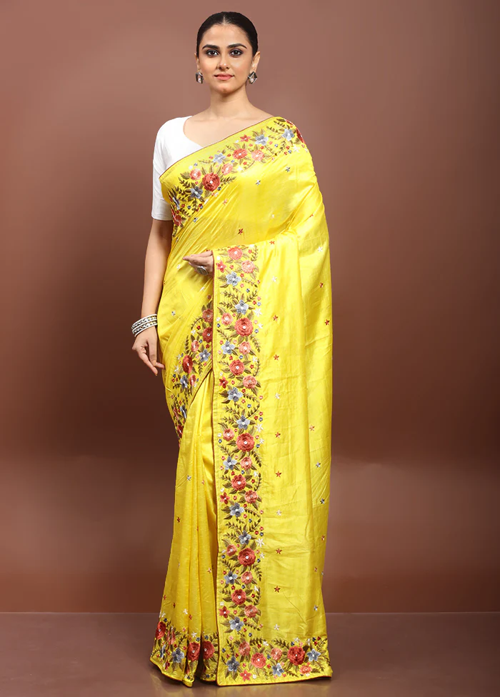 Yellow Handloom Tussar Pure Silk Saree With Blouse Piece