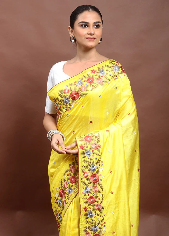 Yellow Handloom Tussar Pure Silk Saree With Blouse Piece - Image 2